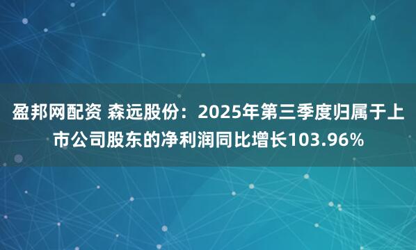 盈邦网配资 森远股份：2025年第三季度归属于上市公司股东的净利润同比增长103.96%